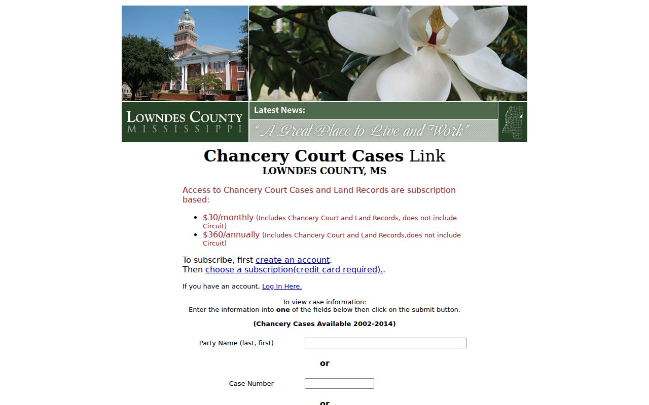 Lowndes County Chancery case search nature of action menu
