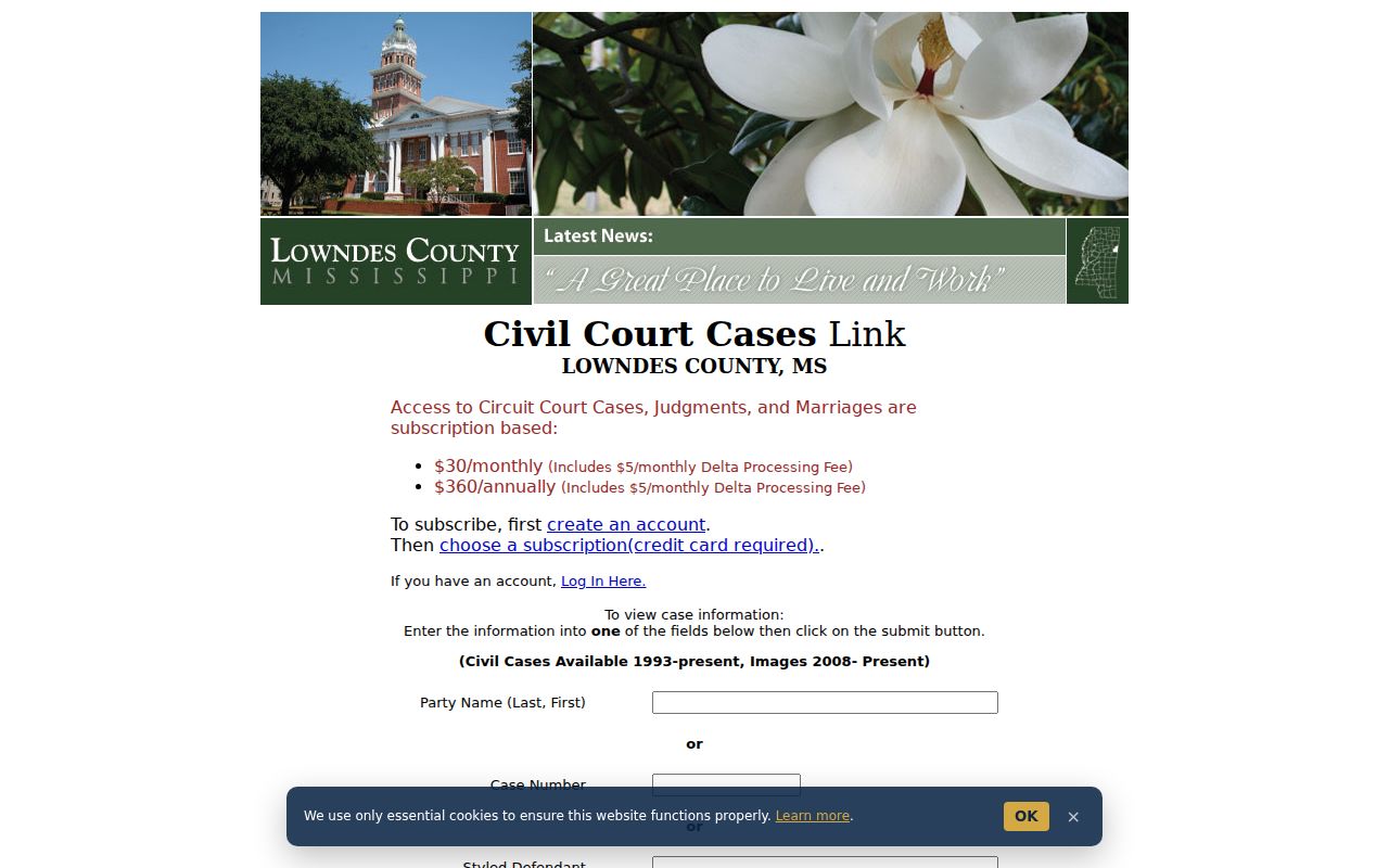 Lowndes County civil case search form with case lookup fields