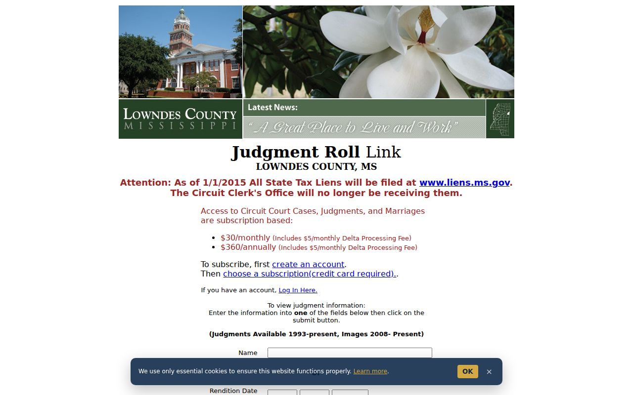 Lowndes County judgment roll case search with record date fields
