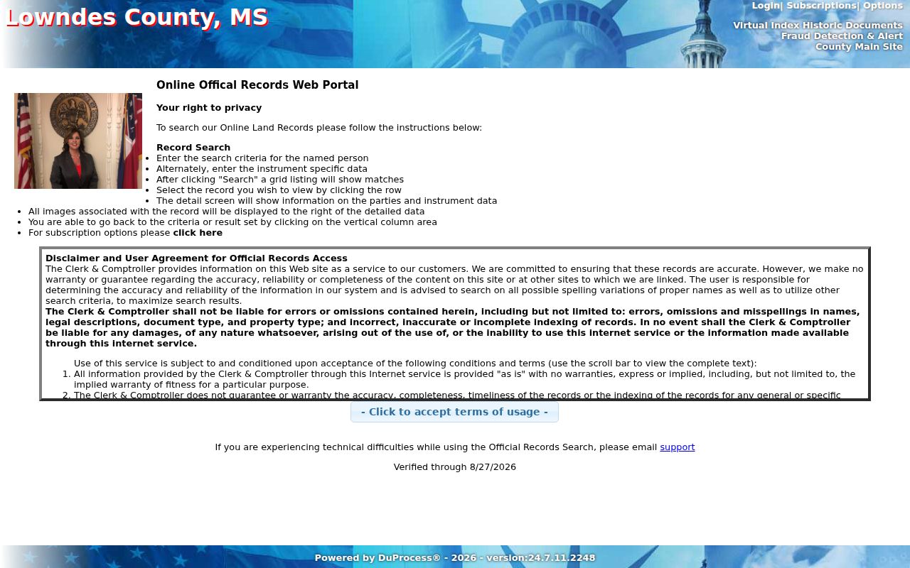 Lowndes County land record case search inquiry with party and date fields