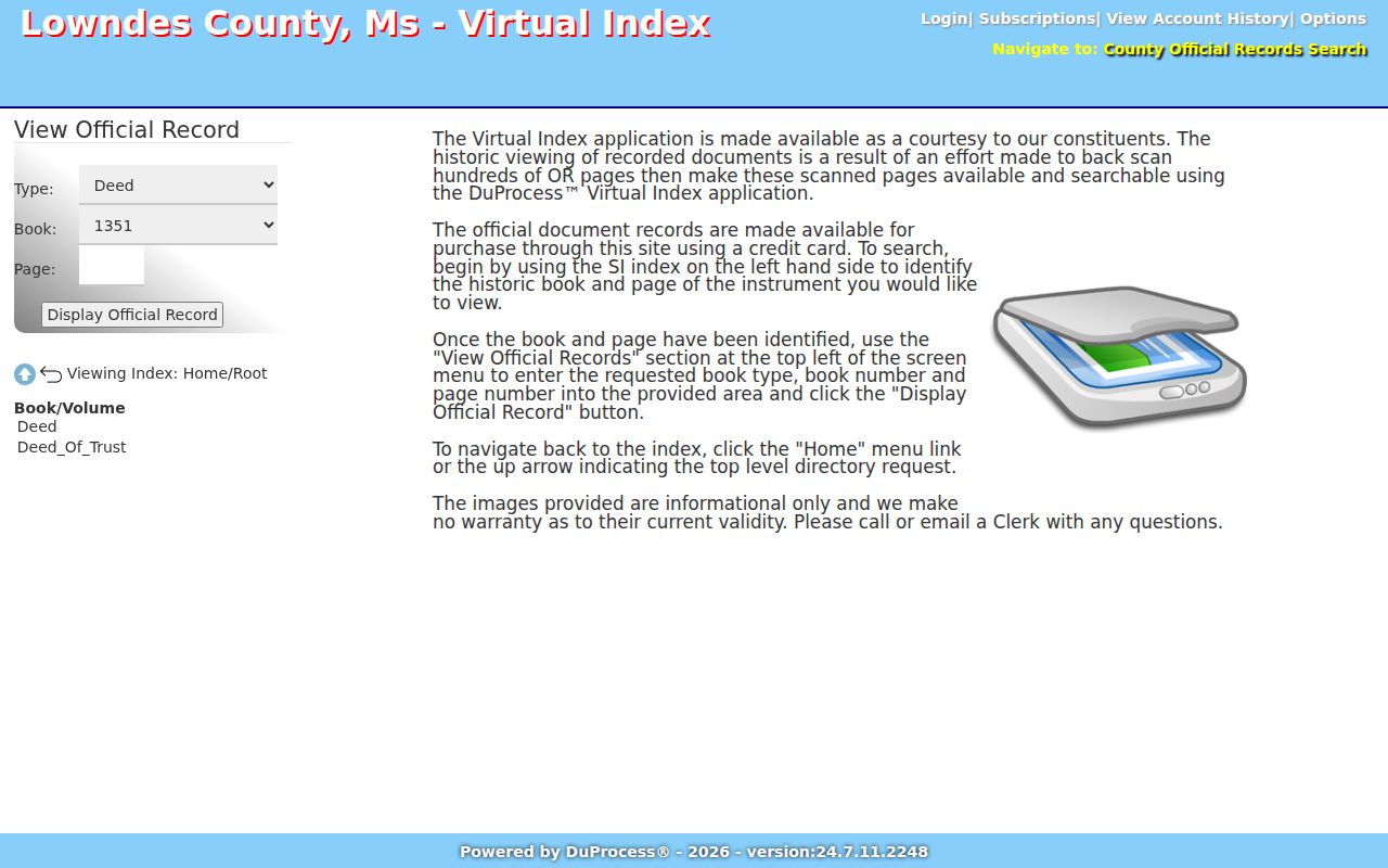 Lowndes County historic record case search virtual index volume and page navigation