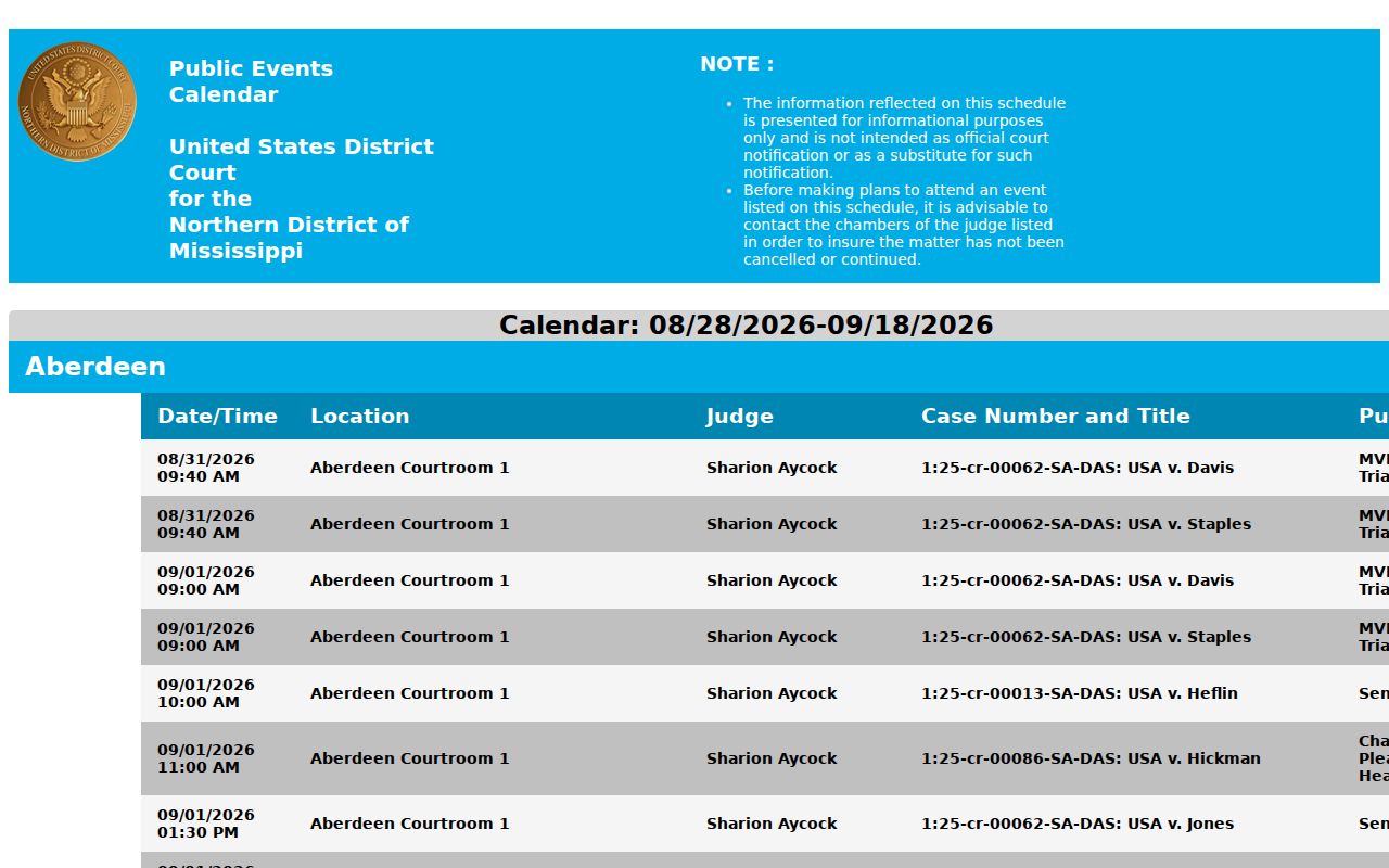 Lowndes court dates Northern District federal calendar fields